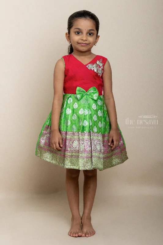 Green With Red Designer Silk Frock For New Born Baby Girls