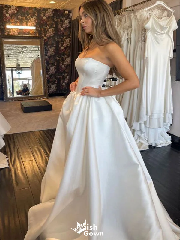 Romantic Strapless A-Line Long Sleeve With Trailing Flower Lace Popular Bridal Long Wedding Dresses, WDH154 Romantic Strapless A-Line Long Sleeve With Trailing Flower Lace Popular Bridal Long Wedding Dresses, WDH154