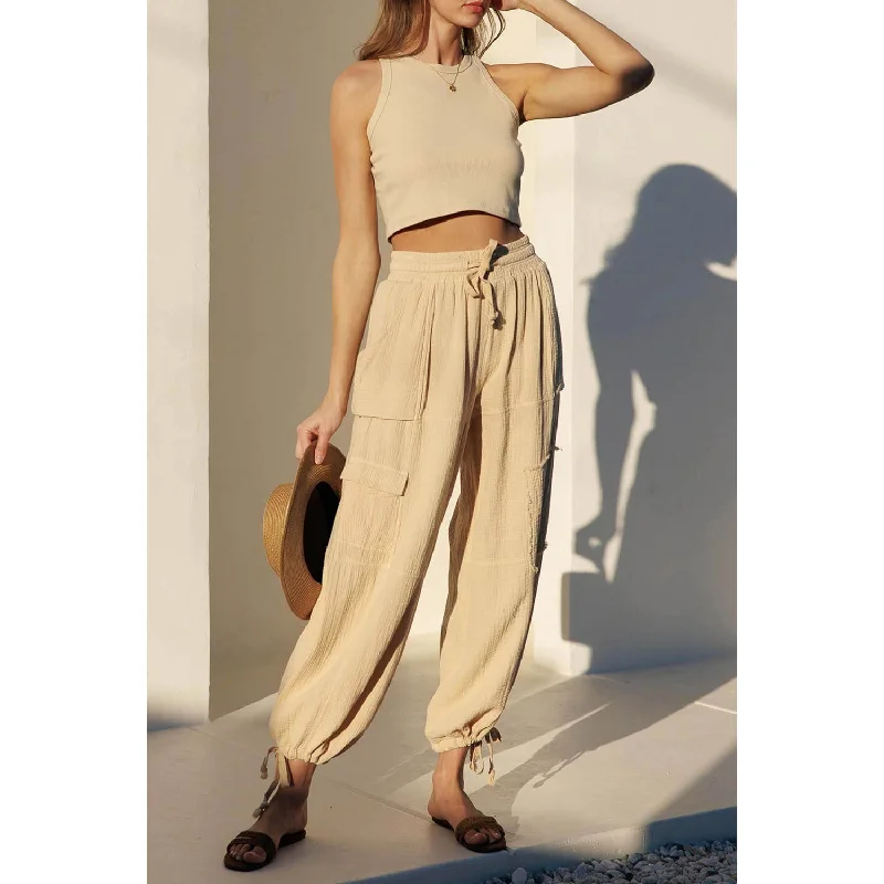 Crinkle Gauze Cargo 2-In-1 Drawstring Tie Hem Jogger - Warm Sand