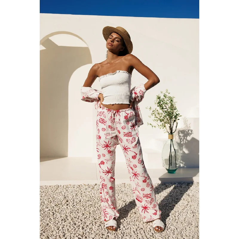 Printed Linen Pull On Pants - Red