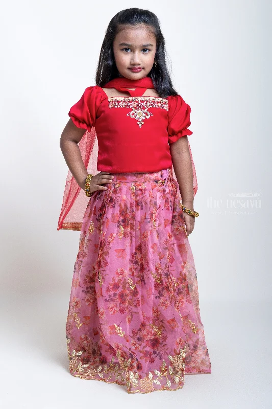 Hand Embroidered Pink Crop Top And Digital Printed Lehenga For Little Girls