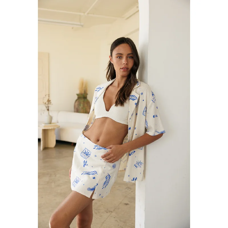 Printed Linen Oversized Shirts - Blue