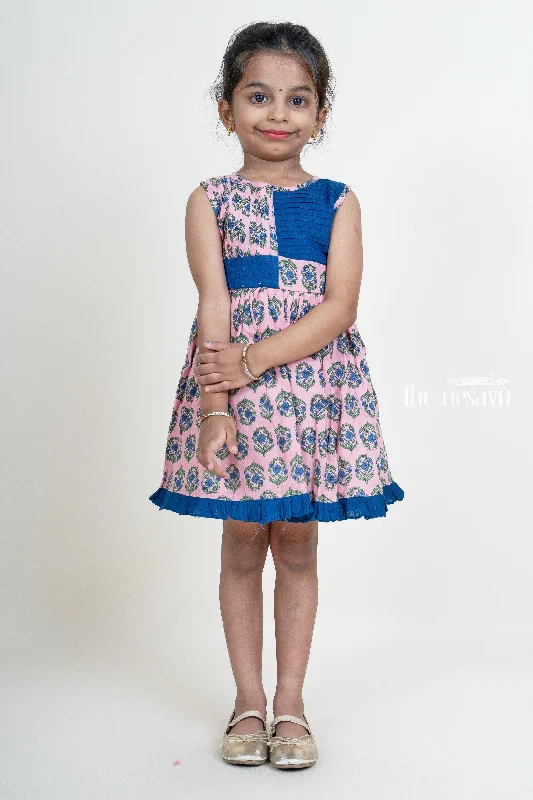 Pink With Mid-Night Blue Ruffled Hem Pin-Tucked Cotton Gown For Girls