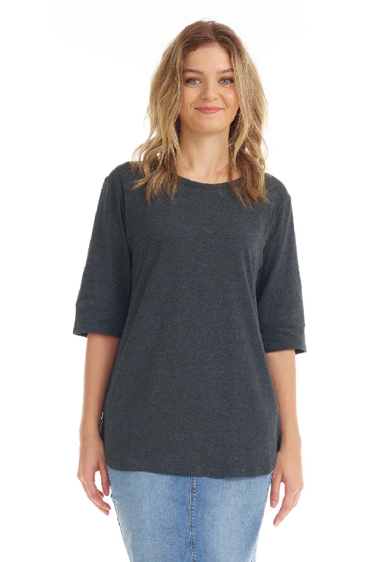 Charcoal Grey Elbow Sleeve Cotton Tunic Tshirt for Women