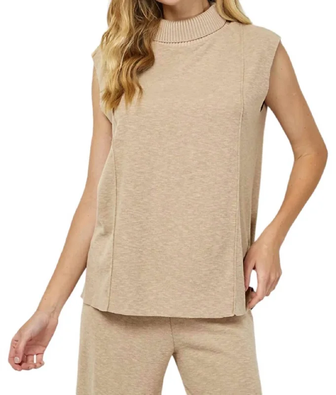 Chat With Me Sleeveless Sweater Top In Taupe Anti-pilling sweaters