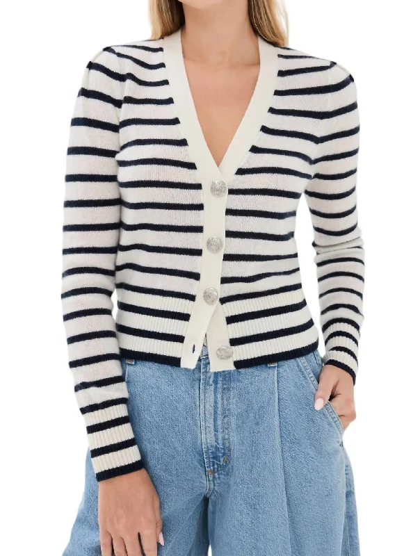 Solene Cashmere Cardigan In Ivory/navy Minimalist sweaters