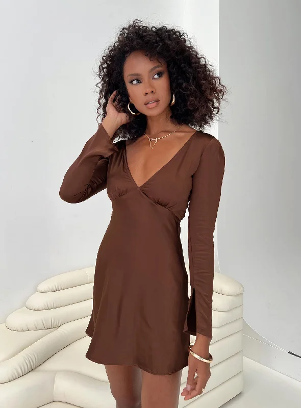 Nellie Long Sleeve Mini Dress Chocolate Off-shoulder mini dresses
