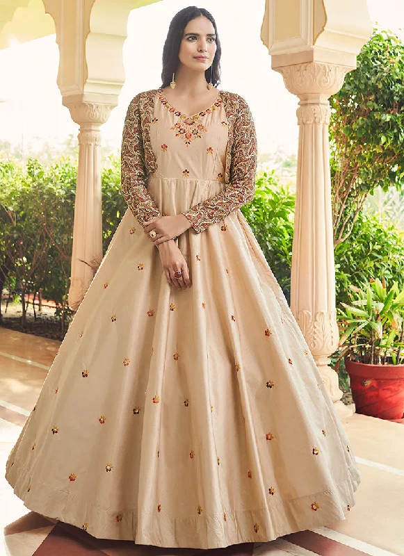 Beige Golden Sequence Embroidered Anarkali Gown With Jacket Off-shoulder Wedding Gown Beige Golden Sequence Embroidered Anarkali Gown With Jacket Off-shoulder Wedding Gown