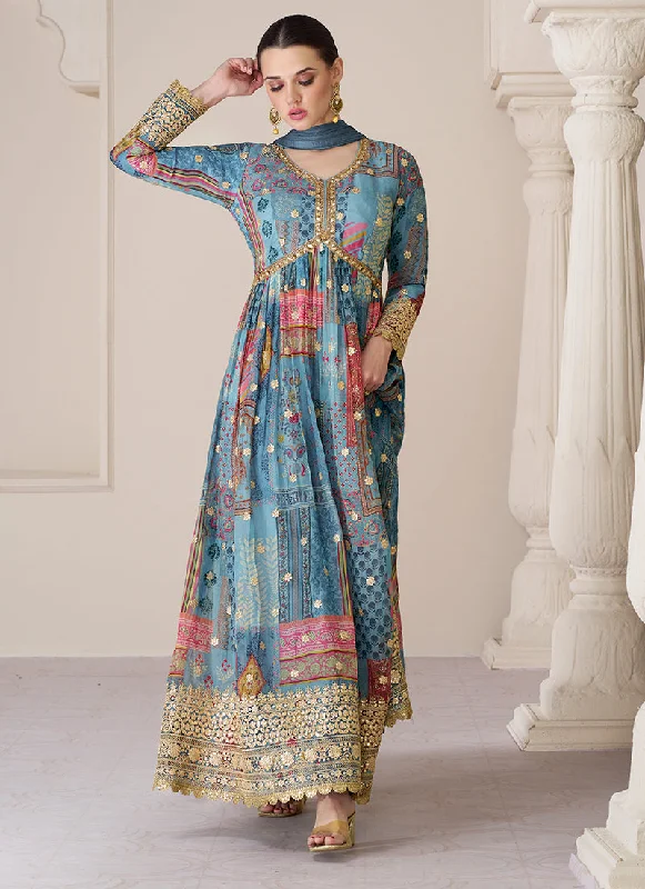 Blue Organza Silk Embroidery Printed Anarkali Suit Sheer Wedding Dress