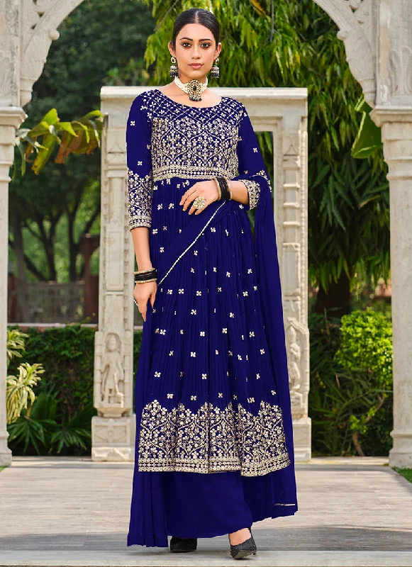 Blue Sequence Embroidery Georgette Anarkali Palazzo Suit Luxury Wedding Dress