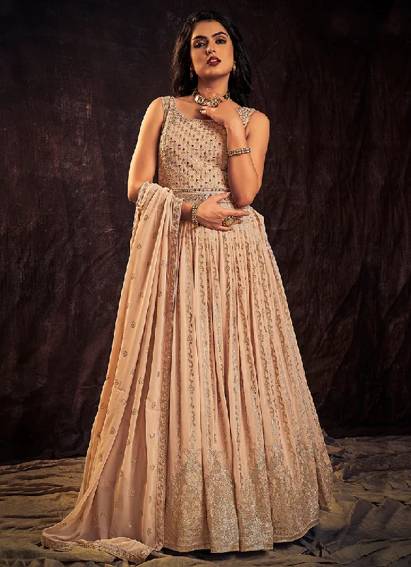Blush Pink Mirror Work Embroidery Anarkali Gown Chic Lace Dress