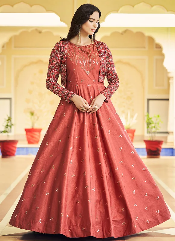 Burnt Orange Sequence Embroidered Anarkali Gown With Jacket Beautiful Bridal Gown