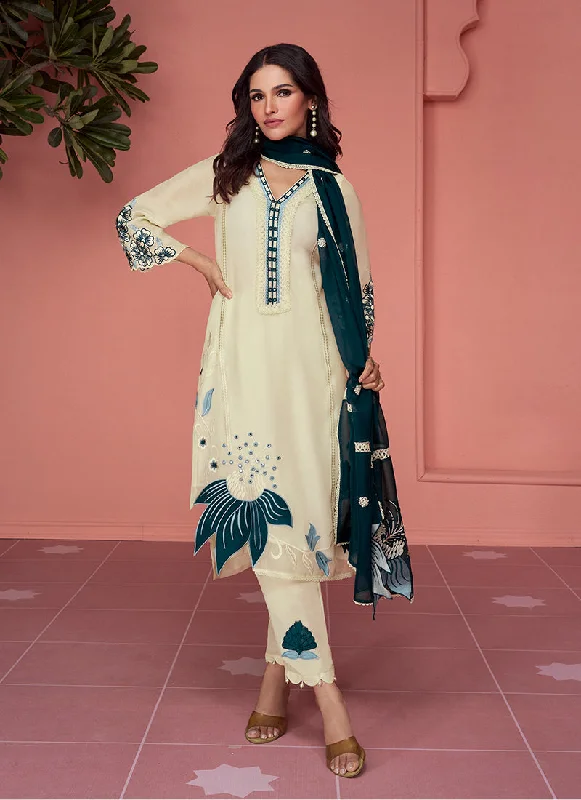 Cream And Turquoise Floral Embroidery Pakistani Pant Style Suit Romantic Wedding Dress Cream And Turquoise Floral Embroidery Pakistani Pant Style Suit Romantic Wedding Dress