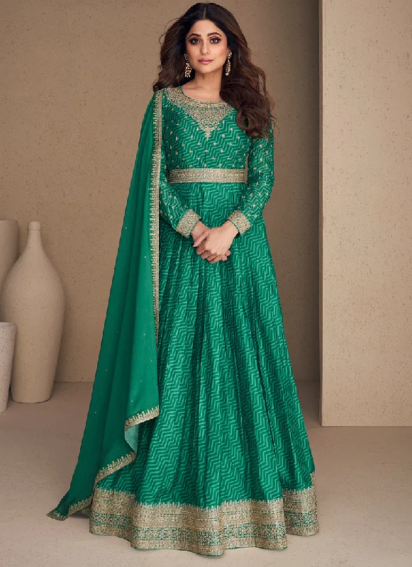 Dark Green Embroidery Bollywood Anarkali Gown Tiered Wedding Dress
