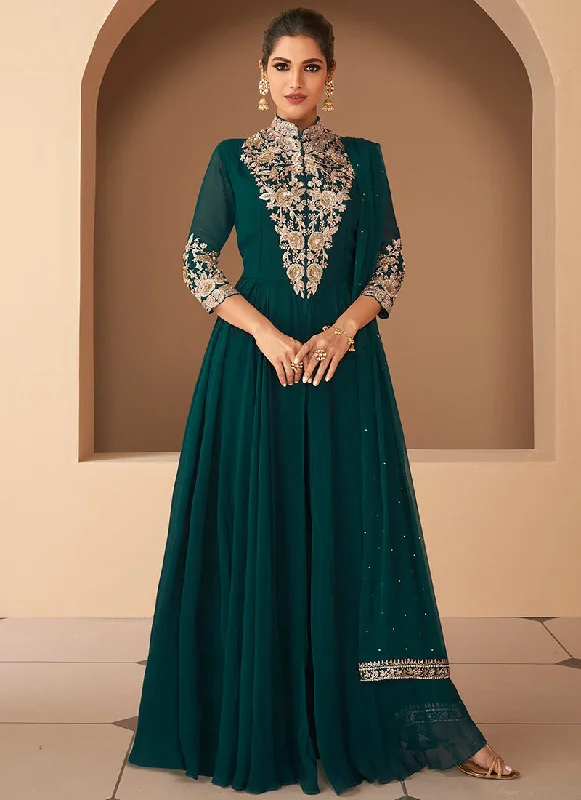 Dark Green Embroidery Slit Style Anarkali Pant Suit Sparkling Bridal Gown