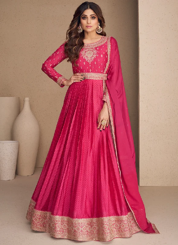 Fuchsia Pink Embroidery Bollywood Anarkali Gown Simple Satin Gown