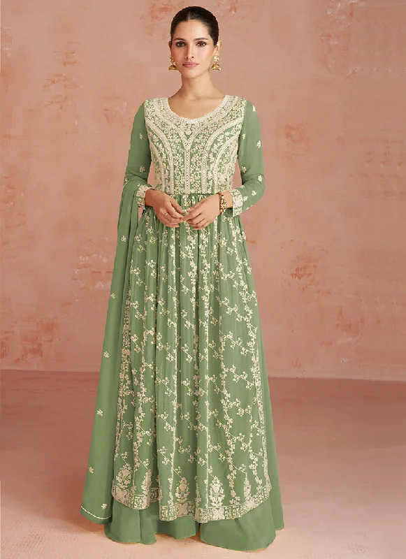 Green Georgette Thread Embroidered Palazzo Suit Sleeveless Wedding Dress