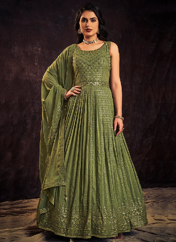 Green Sequence And Mirror Work Embroidery Anarkali Gown Formal Wedding Dress