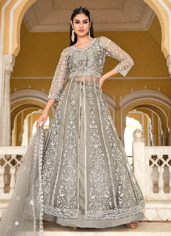 Grey Embroidered Designer Anarkali Lehenga/Pant Suit Strapless Wedding Gown