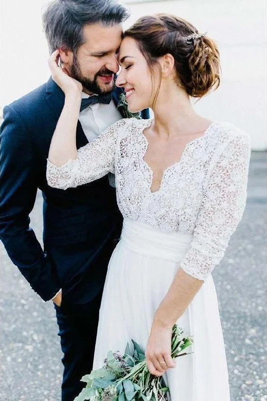 Half Sleeve V Neck Lace Wedding Dresses with Chiffon Floor Length Ivory Bridal Dresses Romantic Satin Dress Half Sleeve V Neck Lace Wedding Dresses with Chiffon Floor Length Ivory Bridal Dresses Romantic Satin Dress