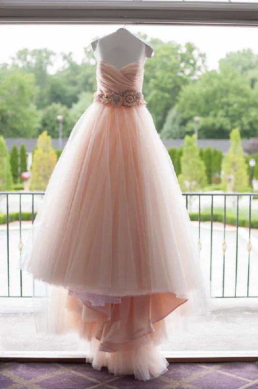 High Quality Ball Gown Ruffles Pink Sweetheart Wedding Dress Waist with Handmade Flowers Satin Bridal Gown High Quality Ball Gown Ruffles Pink Sweetheart Wedding Dress Waist with Handmade Flowers Satin Bridal Gown
