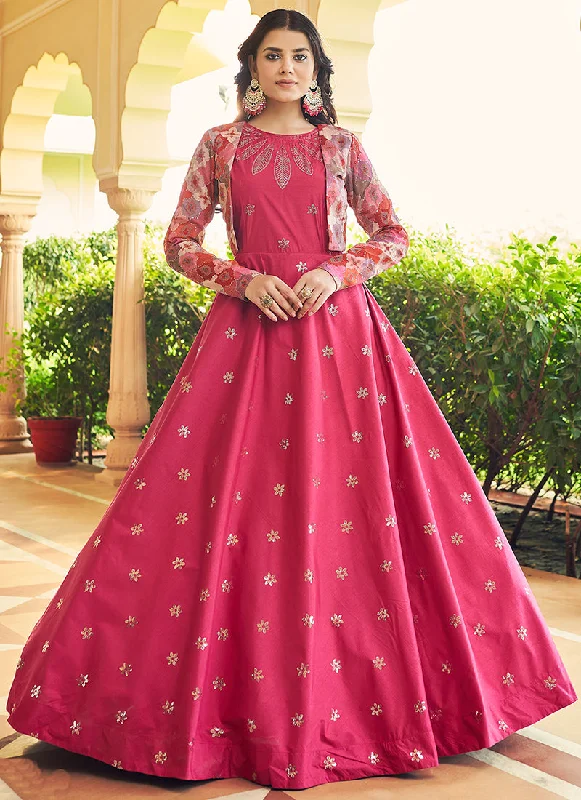 Hot Pink Sequence Embroidered Anarkali Gown With Jacket Elegant Bridal Gown