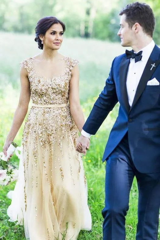 Illusion Neck Beading Long Gold Wedding Dress with Sheer Back Long Prom Dresses Chic Wedding Gown Illusion Neck Beading Long Gold Wedding Dress with Sheer Back Long Prom Dresses Chic Wedding Gown