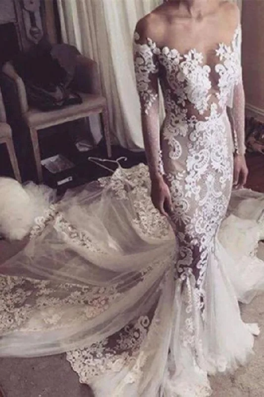 Illusion Neckline Lace Appliques Mermaid Long Sleeves Court Train Ivory Wedding Dresses Glamorous Wedding Dress Illusion Neckline Lace Appliques Mermaid Long Sleeves Court Train Ivory Wedding Dresses Glamorous Wedding Dress