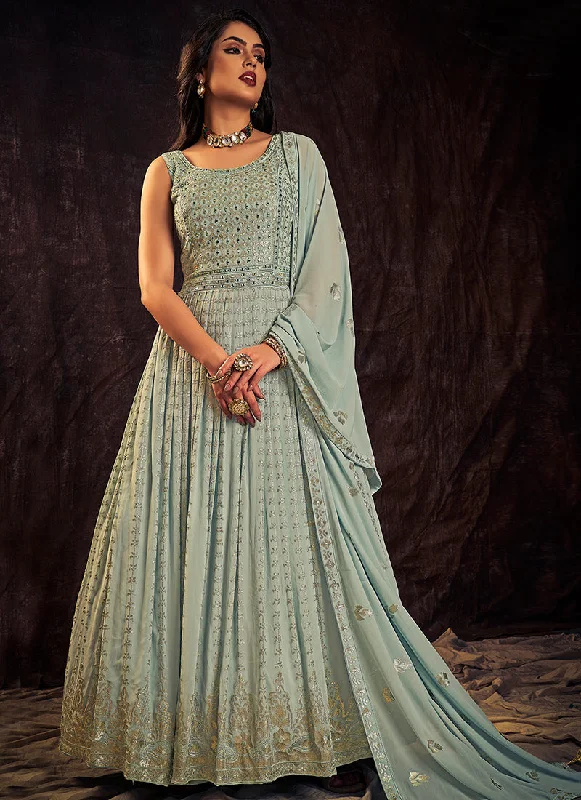 Light Blue Sequence And Mirror Work Embroidery Anarkali Gown Off-shoulder Gown