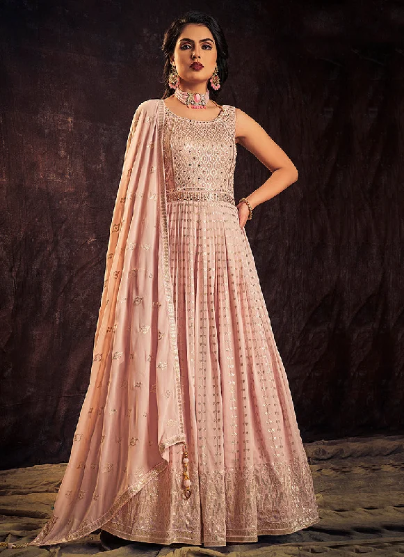 Light Pink Mirror Work Embroidery Anarkali Gown Wedding Dress Set