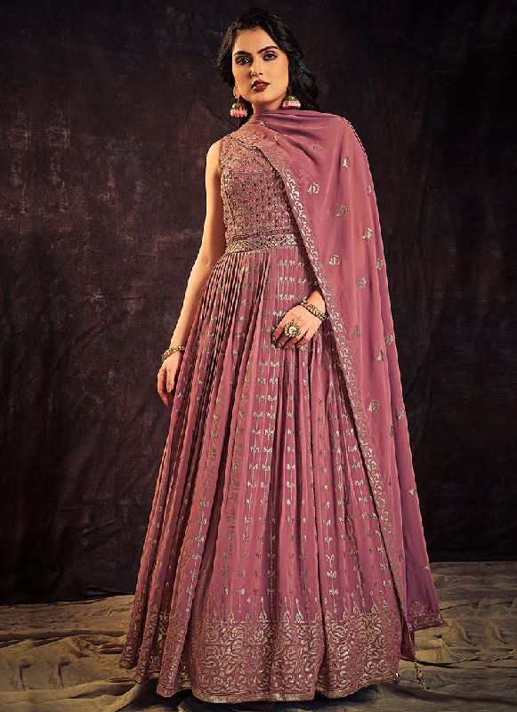 Mauve Purple Sequence And Mirror Work Embroidery Anarkali Gown Lace V-neck Dress