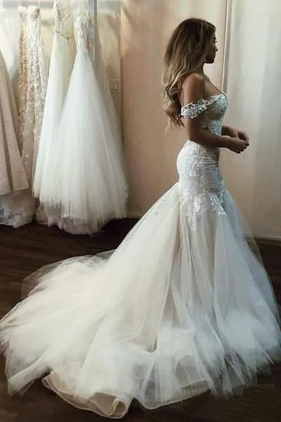Off the Shoulder Mermaid Tulle Wedding Dresses Lace Appliques Bridal Gown Floral Lace Wedding Off the Shoulder Mermaid Tulle Wedding Dresses Lace Appliques Bridal Gown Floral Lace Wedding