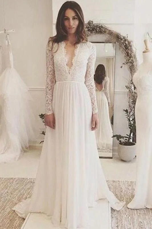 Off White Chiffon Open Back Long Sleeves Wedding Dress Simple A Line V Neck Lace Prom Dress Boho Wedding Gown Off White Chiffon Open Back Long Sleeves Wedding Dress Simple A Line V Neck Lace Prom Dress Boho Wedding Gown