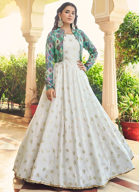 Off White Sequence Embroidered Anarkali Gown With Jacket Romantic Lace Dress