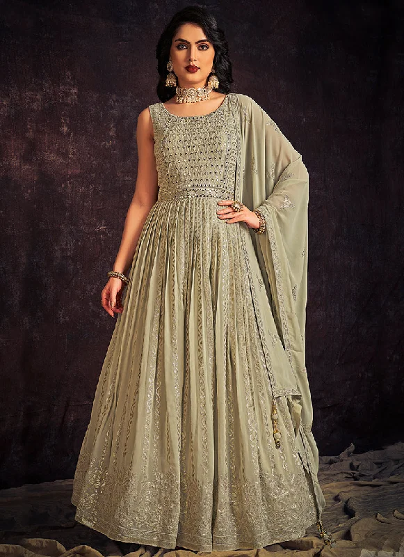 Pale Green Mirror Work Embroidery Anarkali Gown Silk Wedding Gown