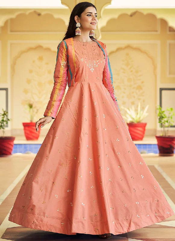 Pastel Orange Sequence Embroidered Anarkali Gown With Jacket Wedding Dress Long