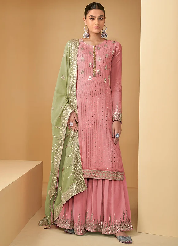Pink And Green Sequence Embroidery Georgette Gharara Suit Lace Wedding Gown