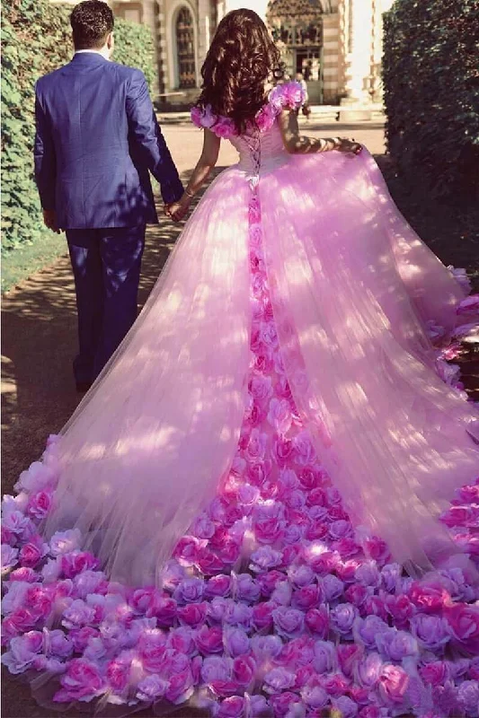 Pink Cathedral Off the Shoulder Ball Gown Vintage 3D Flower Applique Wedding Dresses Princess Wedding Dress Pink Cathedral Off the Shoulder Ball Gown Vintage 3D Flower Applique Wedding Dresses Princess Wedding Dress