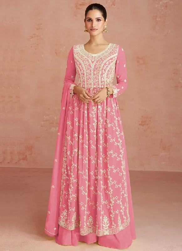 Pink Georgette Thread Embroidered Palazzo Suit Modern Bridal Gown