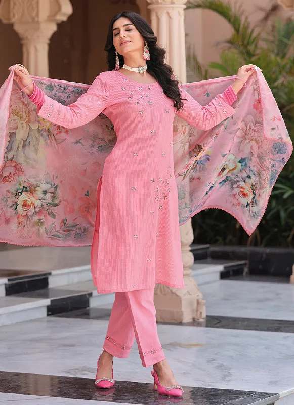 Pink Multi Floral Embroidery Cotton Salwar Kameez Sparkling Wedding Dress