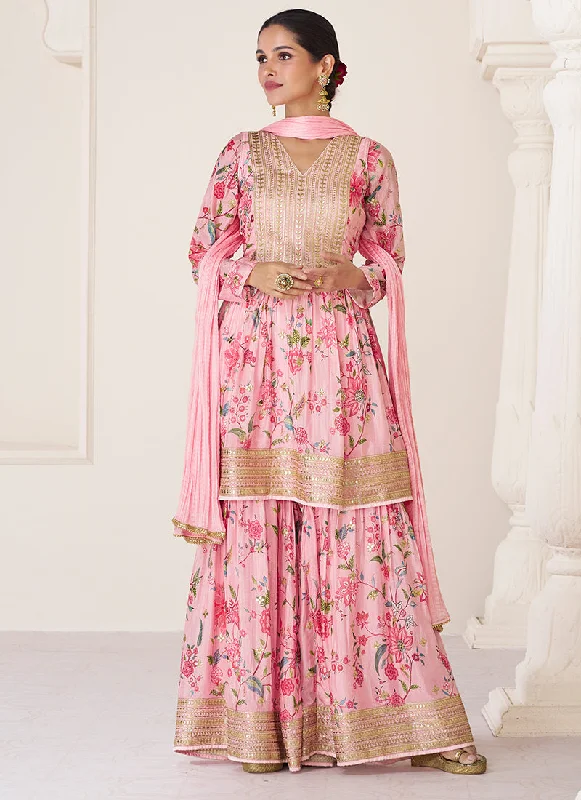 Pink Organza Silk Embroidery Floral Gharara Suit Strapless Bridal Dress