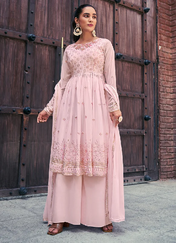 Pink Sequence And Thread Embroidery Anarkali Palazzo Suit Elegant Satin Dress