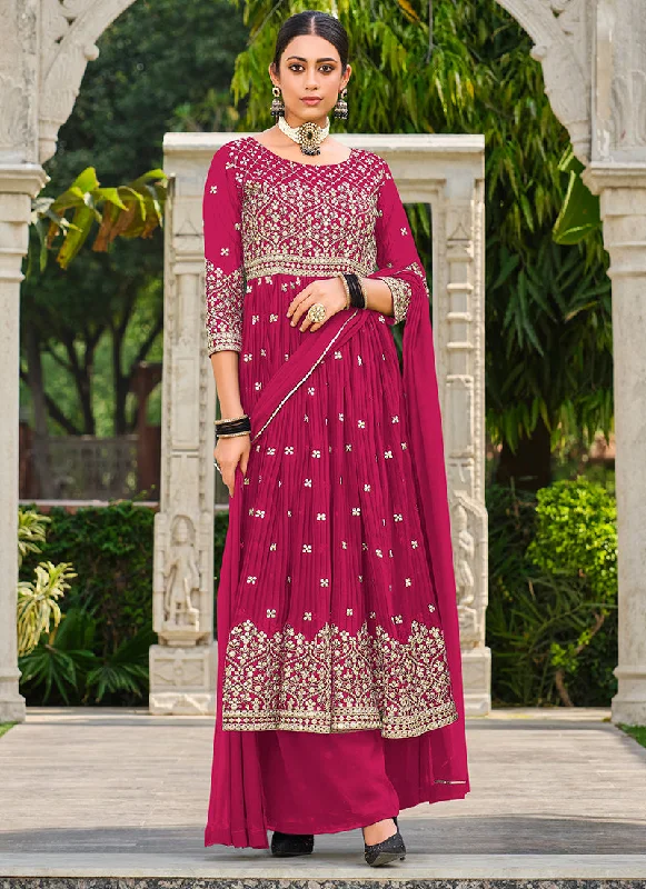 Pink Sequence Embroidery Georgette Anarkali Palazzo Suit Ruffle Wedding Gown