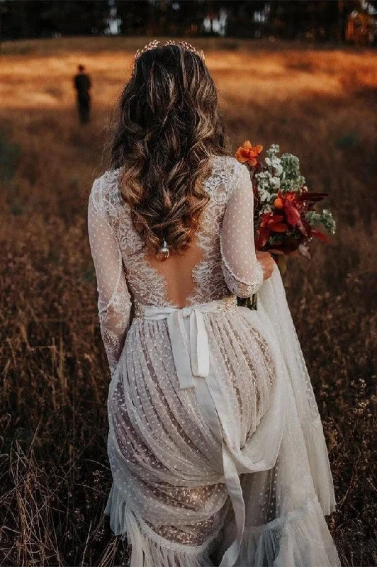 Polka Dot Long Sleeve Boho Wedding Dresses Lace Bohemian Backless Wedding Gowns Classic Bridal Gown Polka Dot Long Sleeve Boho Wedding Dresses Lace Bohemian Backless Wedding Gowns Classic Bridal Gown