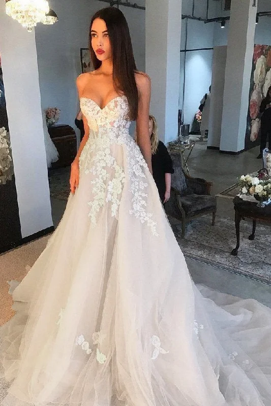 Princess A Line Sweetheart Tulle Lace Applique Ivory Wedding Dress Long Bridal Dresses Simple Wedding Dress Princess A Line Sweetheart Tulle Lace Applique Ivory Wedding Dress Long Bridal Dresses Simple Wedding Dress