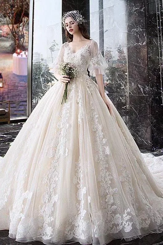 Princess Half Sleeve Ball Gown Wedding Dresses Appliques V Neck Bridal Dresses Full Skirt Wedding Princess Half Sleeve Ball Gown Wedding Dresses Appliques V Neck Bridal Dresses Full Skirt Wedding