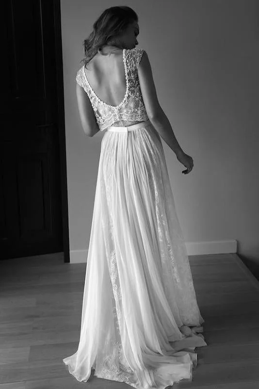 Princess Sleeveless Scoop Chiffon Beads Two Piece Wedding Dresses with Open Back Sparkle Bridal Dress Princess Sleeveless Scoop Chiffon Beads Two Piece Wedding Dresses with Open Back Sparkle Bridal Dress