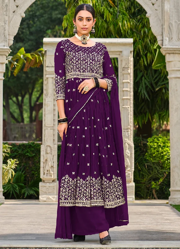 Purple Sequence Embroidery Georgette Anarkali Palazzo Suit Wedding Gown Set