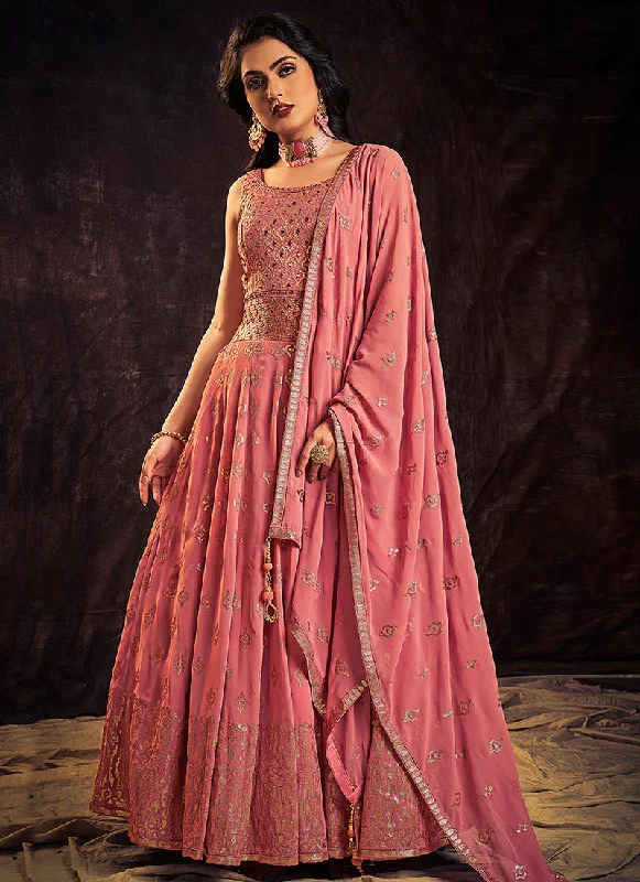 Rich Pink Mirror Work Embroidery Anarkali Gown Lace A-line Dress