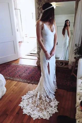 Romantic Boho Backless Lace Mermaid Elegant Ivory Wedding Dress Empire Waist Gown
